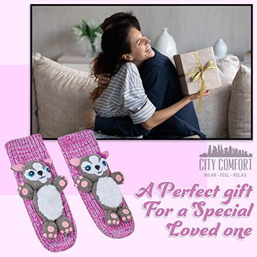 CityComfort Calcetines Antideslizantes Mujer, Zapatillas de Casa Punto Invierno Mullidos de Animales Unicornio Pingüino Gato, Calcetín Gordo Mujer Suave, Regalos Para Mujeres Niñas (Rosa)