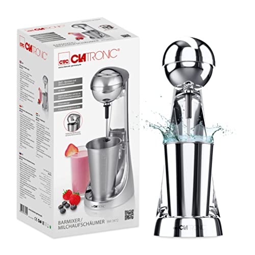 Clatronic® Batidora de bar y espumador de leche en uno, preparador de batidos con recipiente de acero inoxidable de 650 ml y práctico portavasos, batidora con 2 velocidades, 65 W, cromo, BM 3472