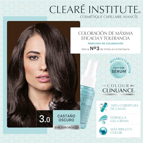 CLEARÉ INSTITUTE Colour Clinuance, Coloración Capilar Permanente Sin Amoniaco, Tinte de Pelo 100% Cobertura de Canas, Incluye Sérum Capilar, Método Curly, 3.0 Castaño Oscuro, 170 ml