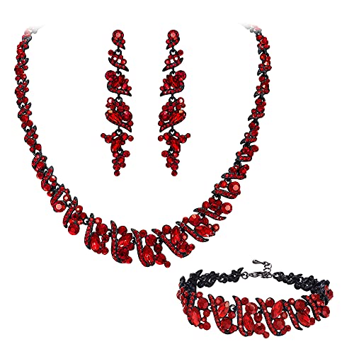 Clearine Juego de Joyas llamativas para Mujer Boda Nupcial Cristal racimo Collar Gargantilla Pendientes Colgantes y Juego de Pulseras Tono Rojo y Negro