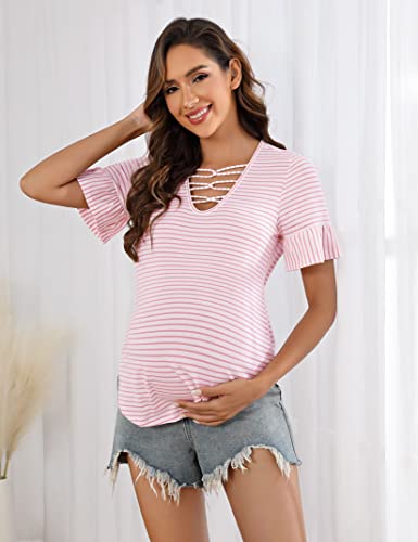 Clearlove Camiseta de maternidad de manga corta para mujer, camiseta de maternidad, camiseta de verano a rayas para embarazadas, Rayas rosas y blancas, L