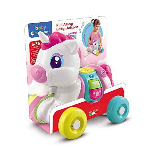 Clementoni Baby Arrastre de Unicornio, con Botones interactivos Que Incluyen Canciones y Sonidos para favorecer el Desarrollo Motor-Juguete bebé 6 Meses (17813), Color Blanco