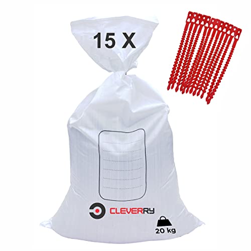 Cleverry 15 Sacos de Rafia para Escombros, 40 x 60 cm, sacos de arena para inundaciones, saco de tela de polipropileno para construcción, reutilizable, resistencia para 20kg, blanco