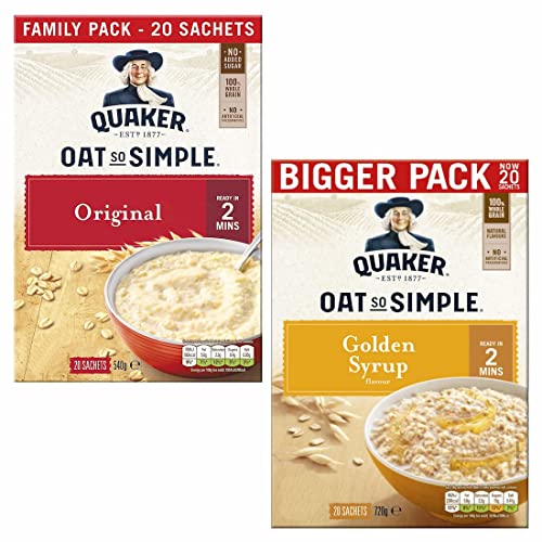 Cleverry set de Gachas de Avena Quaker Oat So Simple Original 20 bolsitas x 27g y Golden Syrup 20 bolsitas x 36g – oatmeal para un desayuno delicioso