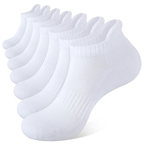 Closemate 7 Pares Calcetines Deporte Tobilleros Hombre Mujer Corto Algodón Transpirable Compresión Pcolchados Low Cut Calcetines Running Atlético Caminar (7Blanco, Tamaño M)