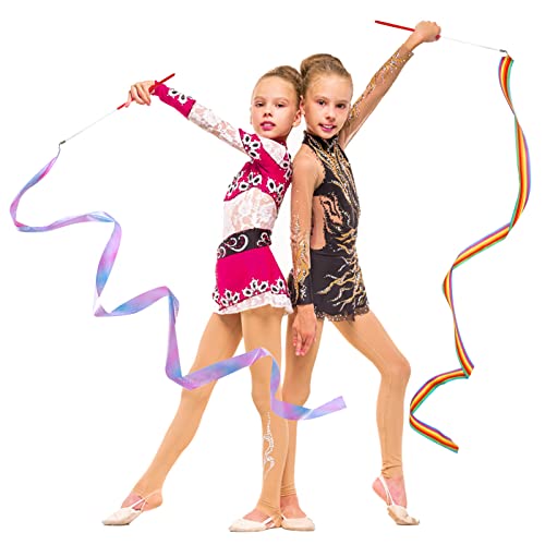 Cobee Cintas de baile de gimnasia, 2 piezas 78.7 pulgadas Cintas de baile brillantes Cinta de baile de arco iris con varita Cintas rítmicas Serpentinas para adultos Niños Entrenamiento