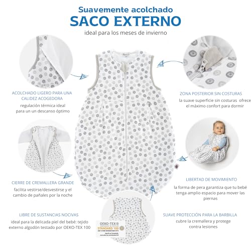 Coconette Circle Saco Dormir Bebe Todo el año - 2 Piezas: Saco Exterior Forrado y Saco Interior Manga Larga | Saco de Dormir Bebe 4 Estaciones, 100% algodón - Talla: 0-3 Meses (50/56)