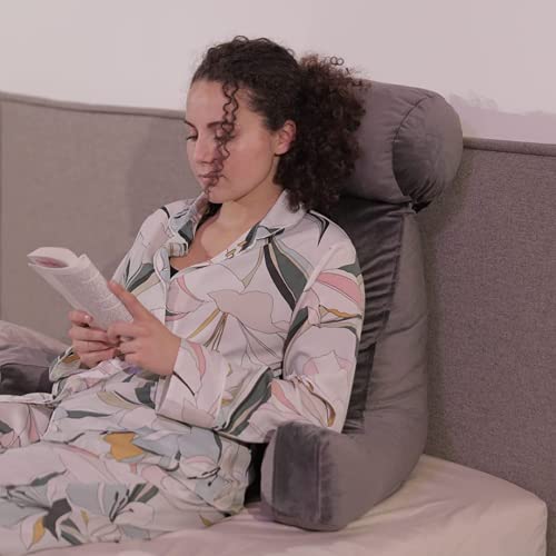 Cojin Lectura Cama - Fabricado en Francia - Suave y Confortable - Óptimo Apoyo para la Espalda - Prácticos Reposabrazos y Asiento Ergonómico - Cojin de Lectura, Almohada Lectura (Gris)