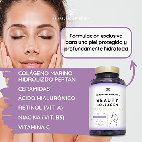 Colageno Hidrolizado con Retinol, Acido Hialuronico, Ceramidas y Niacina. Piel Sana e Hidratada. 90 Cápsulas vegetales. Barrera Natural. Con Vitamina C. CE. N2 Natural Nutrition