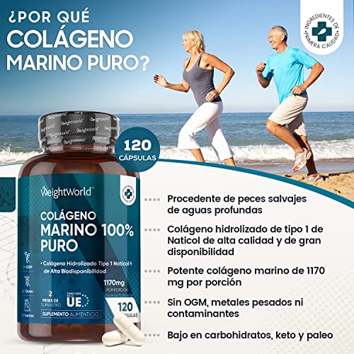 Colágeno Marino Hidrolizado 100% Puro 1170mg - 120 Cápsulas (Suministro para 2 Meses) - Colágeno Tipo 1 de Naticol Sin Metales Pesados - 100% Péptidos de Colágeno Marino Puro de Peces Salvajes