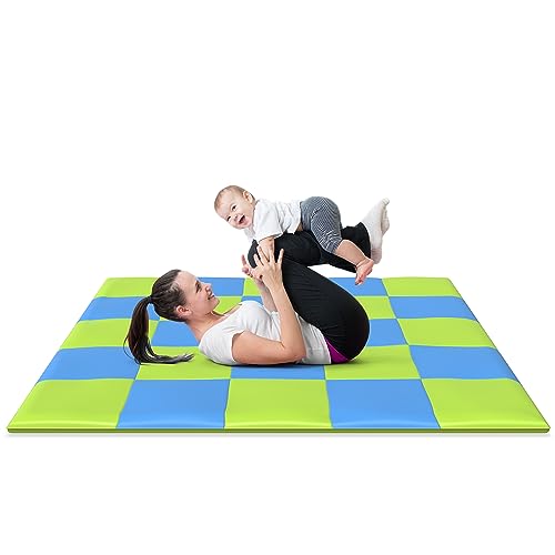 Colchoneta Infantil de Juego Alfombra para Niños Niñas Bebés y sus Padres Colchoneta Hecha con Espuma Viscoelastica - Play Mat Cuadrado Acolchado para Cubrir el Suelo 148 x 148 cm - Azul y Verde