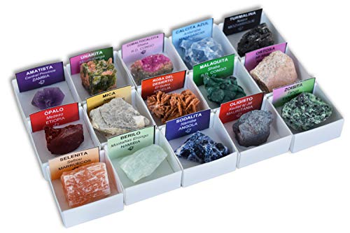 Colección de 15 Minerales de África en Caja de Madera Natural - Minerales Reales educativos con Etiqueta informativa a Color. Kit de Ciencia de Geología para niños.