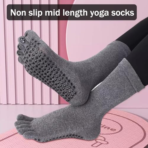 Colexy Calcetines de Yoga Antideslizantes para Mujer Calcetines de Pilates Calcetines Deportivos de Algodón de Cinco Dedos para Fitness Ballet Danza Gimnasio Deportes Artes Marciales (Gris)