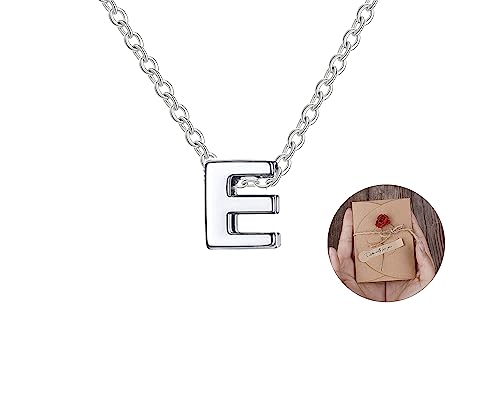 Collar para mujer con letra inicial con Hermosa caja de regalo. Acero inoxidable Colgantes con letras bisutería barata sobre con mensaje original Amigos Novios (E - Plateado)