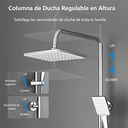 Columna Ducha Termostática, YOOZENA Duchas de Baño Columna Extensible con Grifo, Conjunto con Grifo Lluvia 26x19cm, Alcachofa con Manguera, Cromado