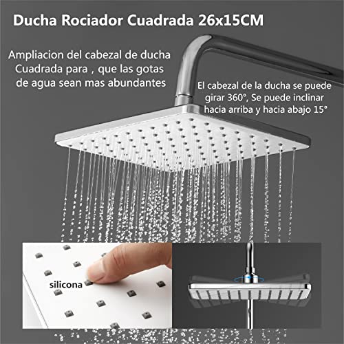 Columna Ducha Termostática, YOOZENA Duchas de Baño Columna Extensible con Grifo, Conjunto con Grifo Lluvia 26x19cm, Alcachofa con Manguera, Cromado