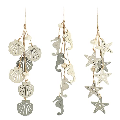 com-four® 3X Decoración Colgante Marine - Decoración para Colgar - Concha, Caballito de mar y Estrella de mar - Decoración Colgante de Madera (3 Piezas - 30cm)