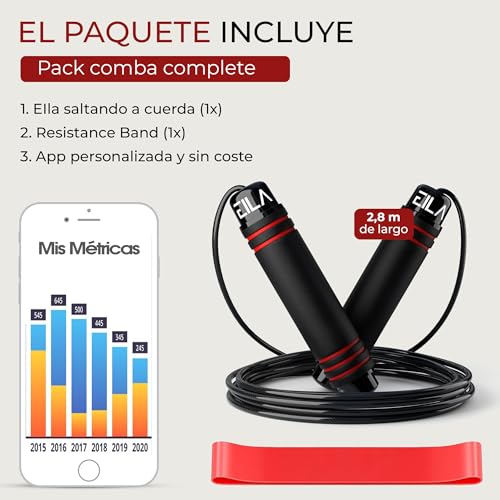 Comba de Saltar Fitness y Crossfit Hombre y Mujer + APP Personalizada Android + Banda Elástica - Set Cuerda de Saltar para hacer Ejercicio en Casa o en la Calle - Kit Comba Boxeo para el Gym