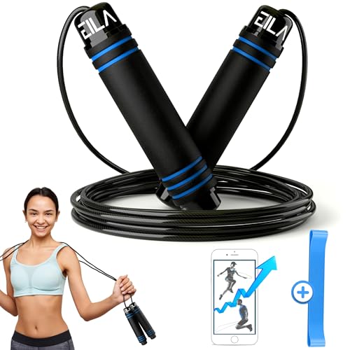 Comba de Saltar Fitness y Crossfit Hombre y Mujer + APP Personalizada Android + Banda Elástica - Set Cuerda de Saltar para hacer Ejercicio en Casa o en la Calle - Kit Comba Boxeo para el Gym