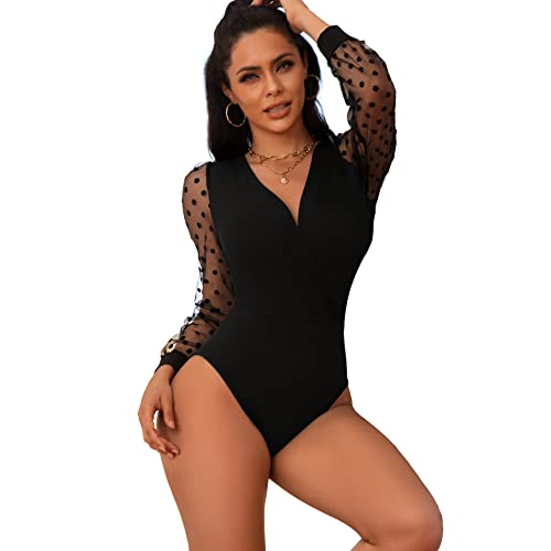 comeondear Body Mujer Manga Larga Bodies Top Elegante Mono con Cuello en V(R-Negro,S)