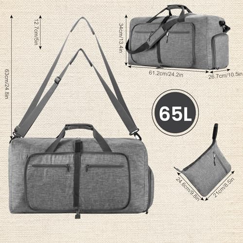 Comius Sharp 65L Bolsa de Viaje Mujer Hombre, Plegable Ligera Bolsa Deporte, Bolsa Grande de Fin de Semana con Compartimento Zapatos (Gris)