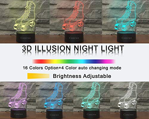 Comiwe Patines de Cuatro Ruedas Luz de Noche de Ilusión 3D,Control Táctil y Remoto de 16 Colores,Lámpara de Mesa de Noche LED Para Decoración del Hogar,Regalo Para Niñas,Niños,Adultos,Amigos y Familia