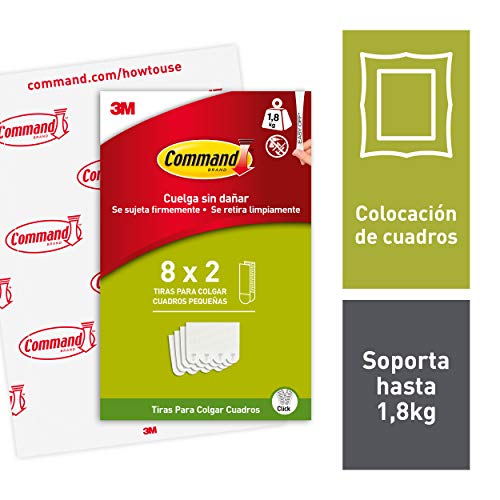 Command Tiras Adhesivas para Colgar Cuadros Pequeños, Pack de 8 x 2 Tiras Blancas Pequeñas, Para Marcos de hasta 20 x 25 cm, Colgar Sin Agujeros y Sin Taladrar