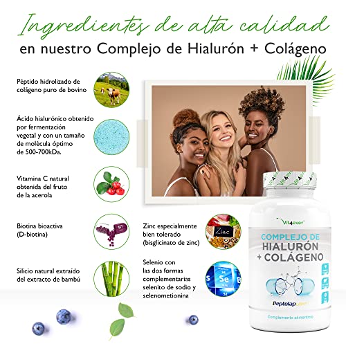 Complejo de colágeno con ácido hialurónico - 240 cápsulas - Premium: Con biotina bioactiva, selenio, zinc, vitamina C natural de la acerola y silicio del bambú