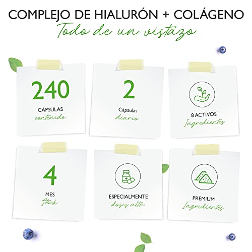 Complejo de colágeno con ácido hialurónico - 240 cápsulas - Premium: Con biotina bioactiva, selenio, zinc, vitamina C natural de la acerola y silicio del bambú