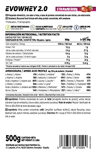 Concentrado de Proteína de Suero de HSN Evowhey Protein 2.0 | Sabor Fresa 500 g = 17 Tomas por Envase | Whey Protein Concentrate | No-GMO, Vegetariano, Sin Gluten ni Soja