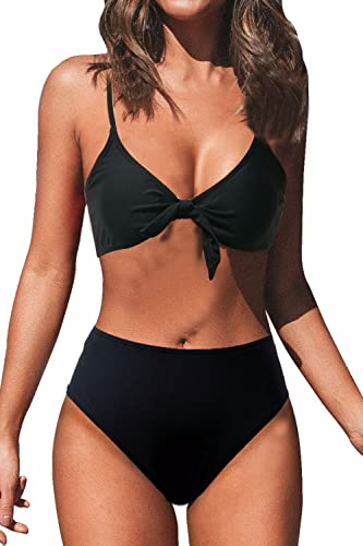 Conjunto de Bikini de Cintura Alta para Mujer Traje de Baño de Dos Piezas Traje de Baño de Nudo de Corbata de Guinga(Negro,M)