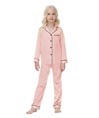 Conjunto de pijama para niñas, camisa de manga larga con botones, blusas con bolsillo y pantalones largos, pijama de otoño, 2 piezas, ropa de dormir con botones, camisón, champán 150 11-12 años