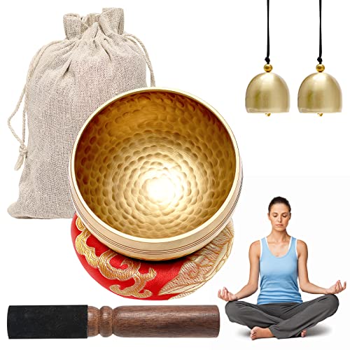 Conjunto de seis tazones de yoga de meditación, Juego de 6 piezas que Incluye Cuenco Tibetano Hecho a Mano, Mazo De Superficie Doble y Cojín De Seda.