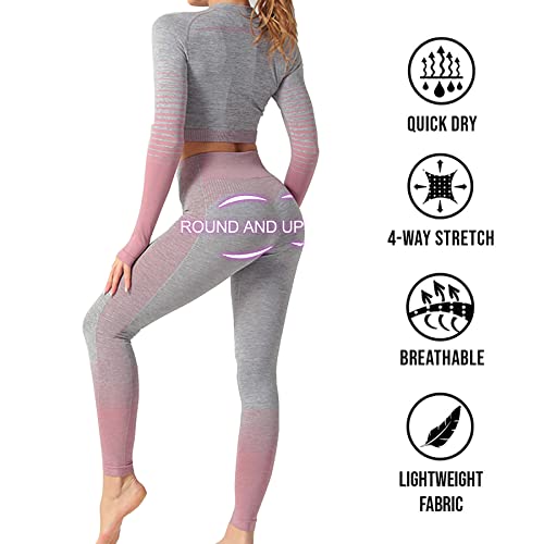 Conjunto Tops Yoga Seamless Gradient Yoga Top de Manga Larga Pantalon Deportivo Leggings Sin Costuras Mujer Alta Cintura Elásticos Fitness para Mujeres Gym Running Yoga (Negro, S)