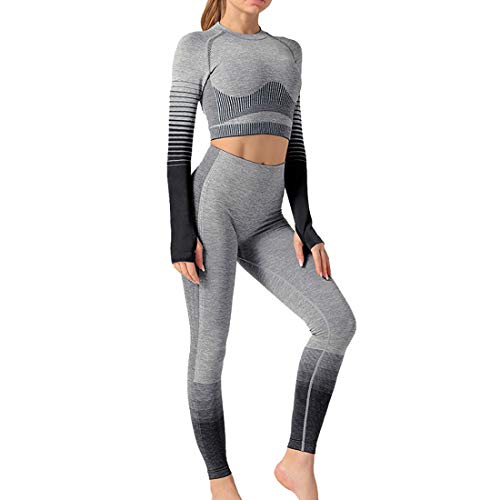 Conjunto Tops Yoga Seamless Gradient Yoga Top de Manga Larga Pantalon Deportivo Leggings Sin Costuras Mujer Alta Cintura Elásticos Fitness para Mujeres Gym Running Yoga (Negro, S)