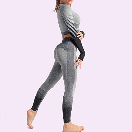 Conjunto Tops Yoga Seamless Gradient Yoga Top de Manga Larga Pantalon Deportivo Leggings Sin Costuras Mujer Alta Cintura Elásticos Fitness para Mujeres Gym Running Yoga (Negro, S)