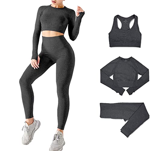 Conjunto Yoga 3 Piezas Ropa Fitness, Pantalones De Yoga Súper Elásticos Sin Costuras+Bralette para Mujer+Camiseta Deportiva De Manga Larga (Negro L)