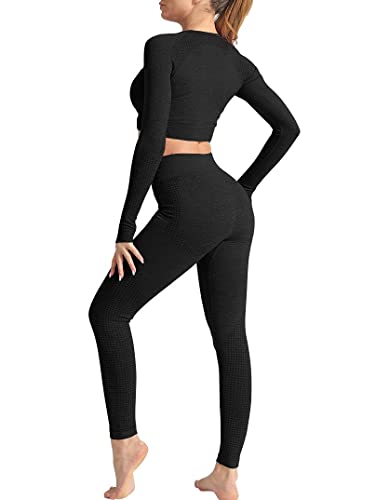 Conjunto Yoga 3 Piezas Ropa Fitness, Pantalones De Yoga Súper Elásticos Sin Costuras+Bralette para Mujer+Camiseta Deportiva De Manga Larga (Negro L)