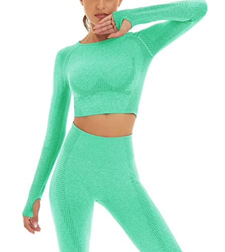 Conjunto Yoga 3 Piezas Ropa Fitness, Pantalones De Yoga Súper Elásticos Sin Costuras+Bralette para Mujer+Camiseta Deportiva De Manga Larga （verde, M）