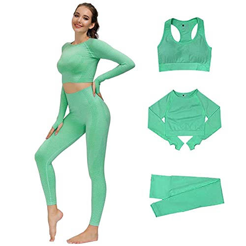 Conjunto Yoga 3 Piezas Ropa Fitness, Pantalones De Yoga Súper Elásticos Sin Costuras+Bralette para Mujer+Camiseta Deportiva De Manga Larga （verde, M）