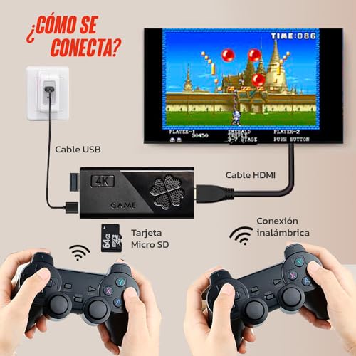 Consola Arcade Retro - Mas de 12000 Juegos - 9 emuladores - 2 mandos inalámbricos - videoconsola portatil - Game Stick con Salida HDMI 4K - 64GB