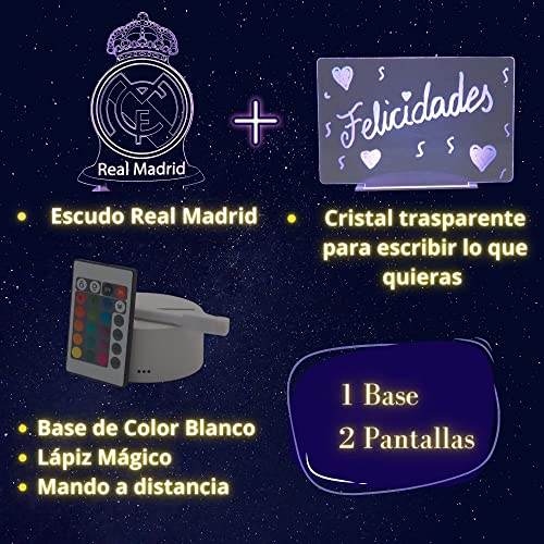 Cool&Cute Lámpara led mesita de noche R Madrid con 2 Pantallas y 16 colores de luz- real madrid regalos- luz quitamiedos- cosas de futbol para niños- lampara escudo madrid