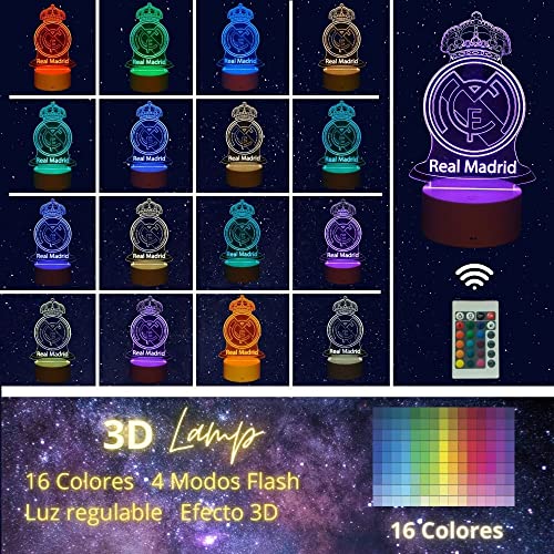 Cool&Cute Lámpara led mesita de noche R Madrid con 2 Pantallas y 16 colores de luz- real madrid regalos- luz quitamiedos- cosas de futbol para niños- lampara escudo madrid