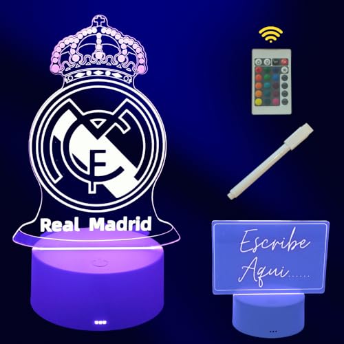 Cool&Cute Lámpara led mesita de noche R Madrid con 2 Pantallas y 16 colores de luz- real madrid regalos- luz quitamiedos- cosas de futbol para niños- lampara escudo madrid