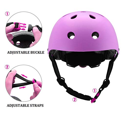 COOLGO Juego de casco y almohadilla de bicicleta para niños de 3 a 8 años, casco ajustable, rodilleras, coderas, muñequeras para patinaje en línea, ciclismo, rosa (morado)