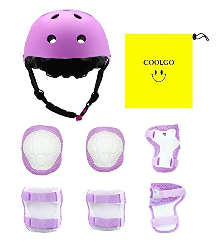 COOLGO Juego de casco y almohadilla de bicicleta para niños de 3 a 8 años, casco ajustable, rodilleras, coderas, muñequeras para patinaje en línea, ciclismo, rosa (morado)