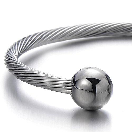 COOLSTEELANDBEYOND Elástica Ajustable Magnetico, Terapia Pulsera de Hombre, Acero Inoxidable, Cable de Acero, Color de Plata, Espejo Pulido