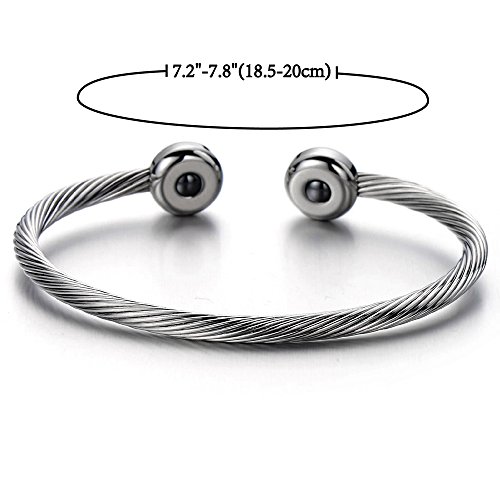 COOLSTEELANDBEYOND Elástica Ajustable Magnetico, Terapia Pulsera de Hombre, Acero Inoxidable, Cable de Acero, Color de Plata, Espejo Pulido