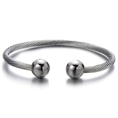 COOLSTEELANDBEYOND Elástica Ajustable Magnetico, Terapia Pulsera de Hombre, Acero Inoxidable, Cable de Acero, Color de Plata, Espejo Pulido