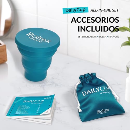 Copa Menstrual DAILY CUP ALL-IN-ONE SET de BOLTEX MEDICAL. Diseñada para tu CONFORT DIARIO. Incluye Vaso Esterilizador, 3 Copas Menstruales DAILY CUP: Talla S, Talla M, Talla L y Bolsa de Guardado